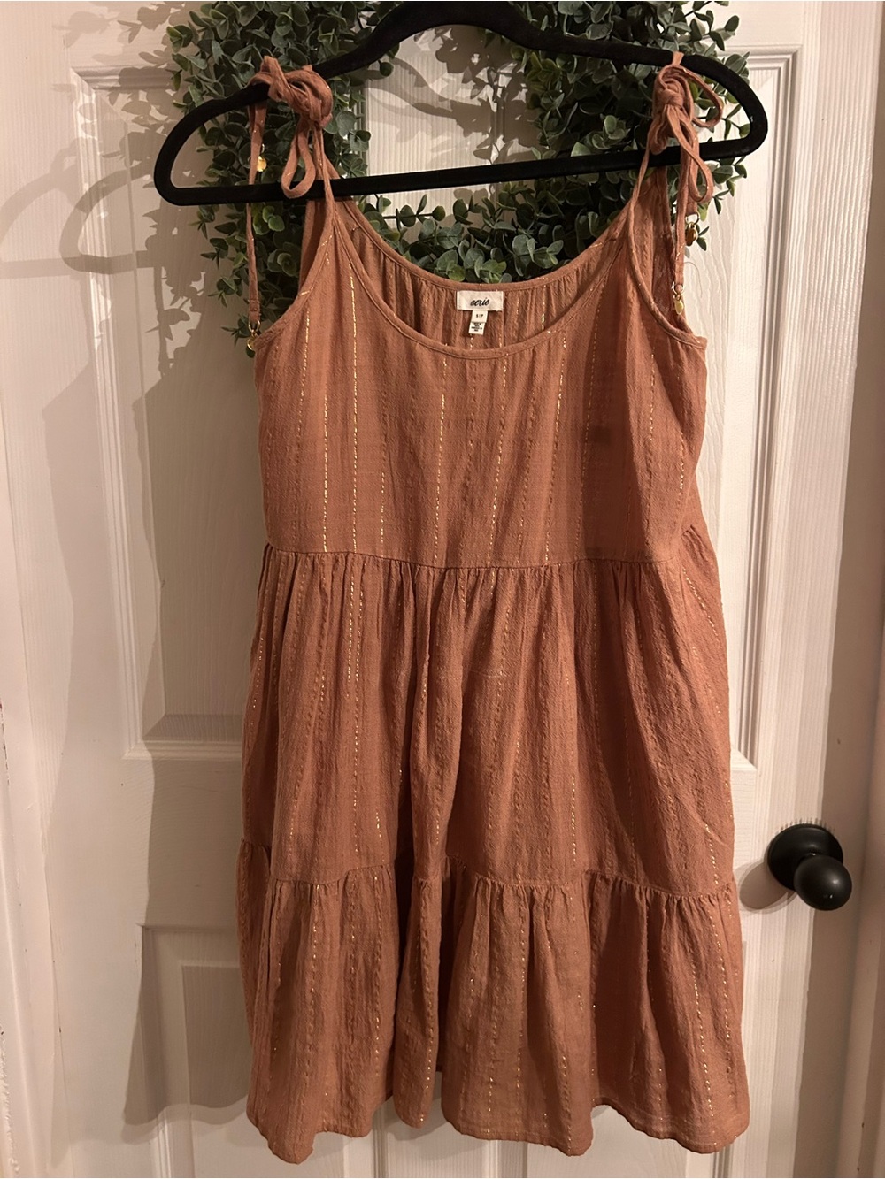 aerie Rust-Tone Tiered Mini Dress with Metallic Stripes